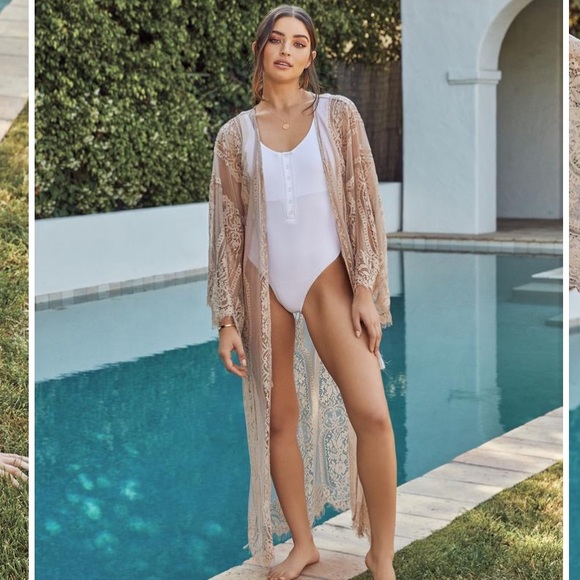 - Boho Lace Flare Sleeve Duster - Taupe - Picture 3 of 13